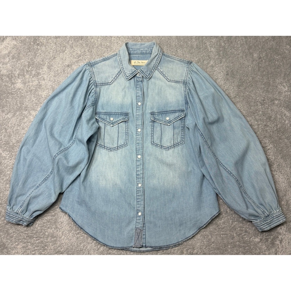 Free People Denim Top Womens S Small Blue With Love Overshirt Puff Sleeve Jacket